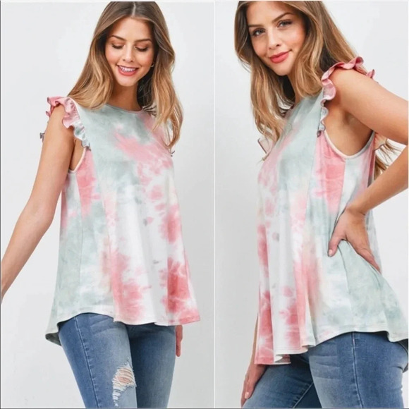 Buttery Soft Tie Dye Top | Mauve Sage Ruffle Sleeve Boho Blouse - Picture 3 of 5